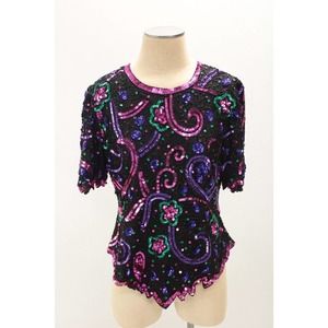 Laurence Kazar Sequin blouse Pink Purple black silk womens top S M elegant Party